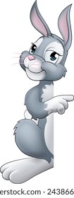 An Easter bunny rabbit cartoon character peeking around a sign