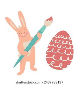 Easter bunny rabbit cartoon character coloring big eater egg isolated on white background. Trendy Easter design. Flat vector illustration for poster, icon, card, logo, label.