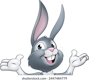 An Easter bunny rabbit cartoon character peeking around a sign