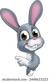 Un personaje de dibujos animados de conejo de Pascua mirando alrededor de un cartel