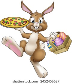 An Easter bunny rabbit cartoon character serving or delivering pizza from a food restaurant, possibly the chef