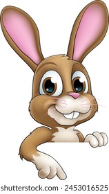 An Easter bunny rabbit cartoon character peeking around a sign