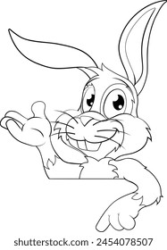 An Easter bunny rabbit cartoon character peeking around a sign