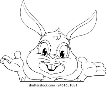 Un personaje de dibujos animados de conejo de Pascua mirando alrededor de un cartel