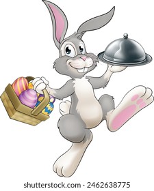 An Easter bunny rabbit cartoon character, possibly the chef, serving or delivering food from a restaurant in a silver cloche tray plate or platter.