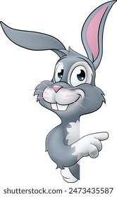 An Easter bunny rabbit cartoon character peeking around a sign