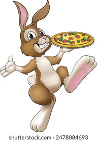 Un personaje de dibujos animados de conejo de Pascua sirviendo o entregando pizza de un restaurante de comida, posiblemente el chef