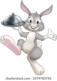 An Easter bunny rabbit cartoon character, possibly the chef, serving or delivering food from a restaurant in a silver cloche tray plate or platter.