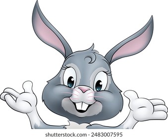 An Easter bunny rabbit cartoon character peeking around a sign