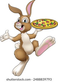 Un personaje de dibujos animados de conejo de Pascua sirviendo o entregando pizza de un restaurante de comida, posiblemente el chef