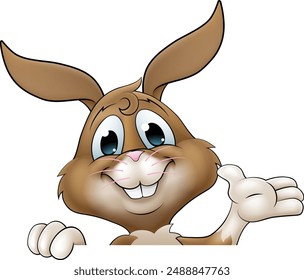 An Easter bunny rabbit cartoon character peeking around a sign