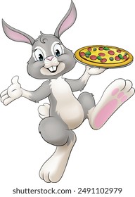 Un personaje de dibujos animados de conejo de Pascua sirviendo o entregando pizza de un restaurante de comida, posiblemente el chef