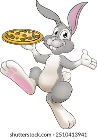 Un personaje de dibujos animados de conejo de Pascua que sirve o entrega pizza de un restaurante de comida, posiblemente el chef