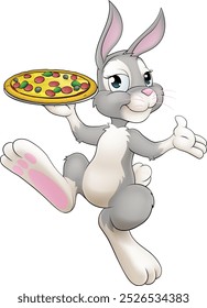 Un personaje de dibujos animados de conejo de Pascua que sirve o entrega pizza de un restaurante de comida, posiblemente el chef