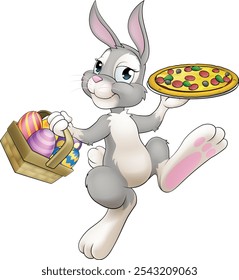 An Easter bunny rabbit cartoon character serving or delivering pizza from a food restaurant, possibly the chef