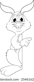 An Easter bunny rabbit cartoon character peeking around a sign