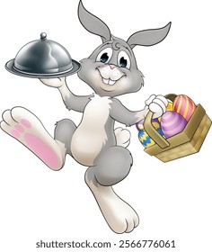 An Easter bunny rabbit cartoon character, possibly the chef, serving or delivering food from a restaurant in a silver cloche tray plate or platter.