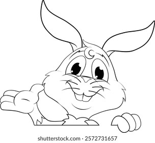 An Easter bunny rabbit cartoon character peeking around a sign