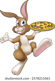 An Easter bunny rabbit cartoon character serving or delivering pizza from a food restaurant, possibly the chef