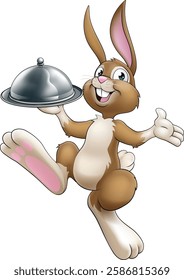 An Easter bunny rabbit cartoon character, possibly the chef, serving or delivering food from a restaurant in a silver cloche tray plate or platter.