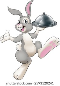 An Easter bunny rabbit cartoon character, possibly the chef, serving or delivering food from a restaurant in a silver cloche tray plate or platter.