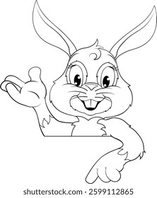 An Easter bunny rabbit cartoon character peeking around a sign