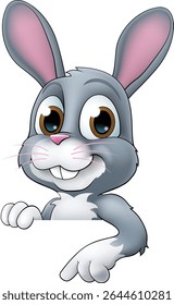 An Easter bunny rabbit cartoon character peeking around a sign
