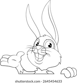 An Easter bunny rabbit cartoon character peeking around a sign