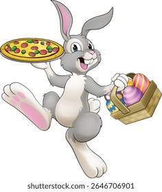 Um coelho de Páscoa personagem de desenho animado servindo ou entregando pizza de um restaurante de comida, possivelmente o chef