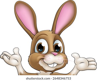 An Easter bunny rabbit cartoon character peeking around a sign