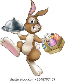 An Easter bunny rabbit cartoon character, possibly the chef, serving or delivering food from a restaurant in a silver cloche tray plate or platter.