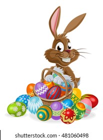 Easter Bunny Rabbit Cartoon Character Holding An Easter Eggs Basket Full Of Eggs, Could Be On A Chocolate Easter Egg Hunt