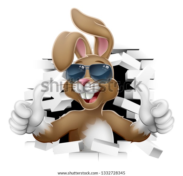 冷たいサングラスをかけたウサギの漫画のキャラクターや 背景の壁を突き破って親指を上げる影 のベクター画像素材 ロイヤリティフリー