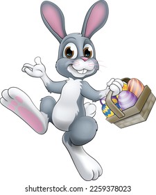 An Easter bunny rabbit character with an Easter egg basket cartoon illustration