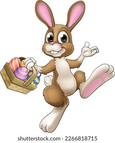 An Easter bunny rabbit character with an Easter egg basket cartoon illustration