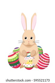 Easter bunny rabbit with a chick and decorated eggs.