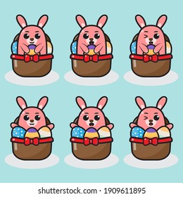 Easter bunny or rabbit, cute cartoon spring character illustration. Cartoon little bunny inside a Basket of Easter egg. Vector illustration for holiday greeting.