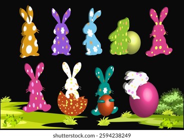 Easter bunny rabbit in different poses 3D symbols design,polka dot,flower,fancy,rabbit gesture vector clipart,easter design element