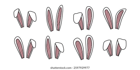 Easter bunny, rabbit ears, cute hare character, cartoon animal ear costume black and pink colors, spring funny pet set isolated on white background. Simple vector illustration