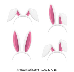 Easter Bunny Or Rabbit Ears Headband Isolated Vector Objects Set. Easter Holiday Costume Cartoon Design Of Head Band With Cute Hare Animal Ears, White And Pink Fur, Egg Hunt Party Mask And Hat