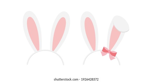 Easter bunny rabbit ears headband vector icon set isolated on white background. Cute girl and boy hair band mask illustration. Flat cartoon easter card design element. Spring hare ear hair accessory.