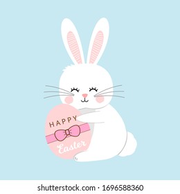 Easter bunny rabbit and egg isolated on blue background vector illustration. Cute cartoon animal.