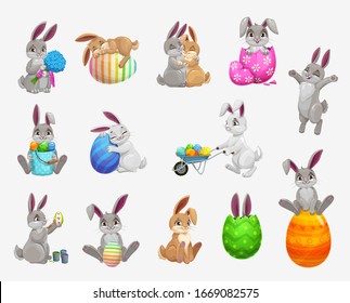 Easter bunny and rabbit with egg vector icons set of religion holiday and egghunting design. Cute cartoon hare animals with spring flower bouquet, Easter painted eggs, egghunting basket, wheelbarrow