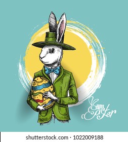 Easter Bunny Rabbit with Easter eggs, Hand Drawn Sketch Vector illustration.