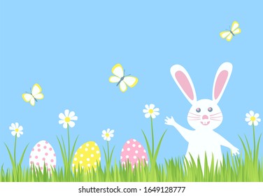 Easter Bunny Rabbit and easter Eggs on green grass with flowers. Butterflies over the lawn. Vector illustration.

