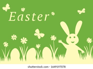 Easter Bunny Rabbit and easter Eggs on green grass with flowers. Butterflies over the lawn. Two color silhouette. Vector illustration.
