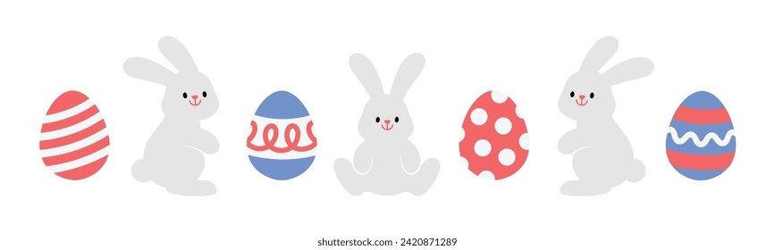 Easter bunny, rabbit and eggs ornament isolated on white 
 background. Cute modern colorful cartoon. Minimal design elements for seasonal holiday decoration. Vector illustration.