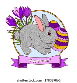 Easter bunny rabbit with eggs. Vector illustration. Spring flowers, crocuses. 