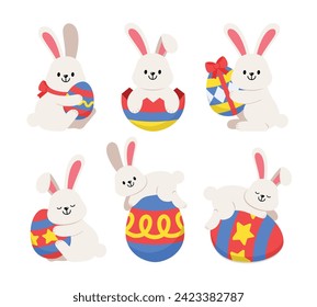 Easter Bunny Rabbit and Eggs vector illustration set isolated on white background. Egg with pattern. Cute colorful cartoon character design for seasonal holiday celebration decoration.