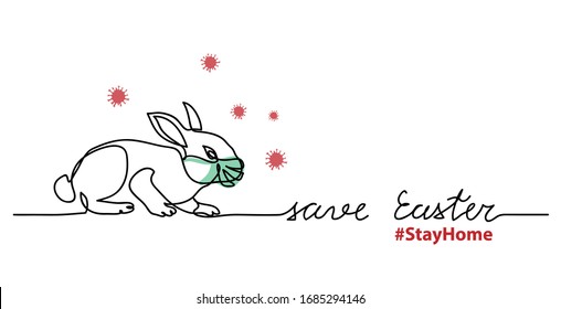Easter bunny, rabbit in face mask and virus around. Simple vector web banner. Save Easter and stay home text. One continuous line drawing.